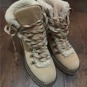 Women's Tan Sherpa-Lined Lace-Up Ankle Booties